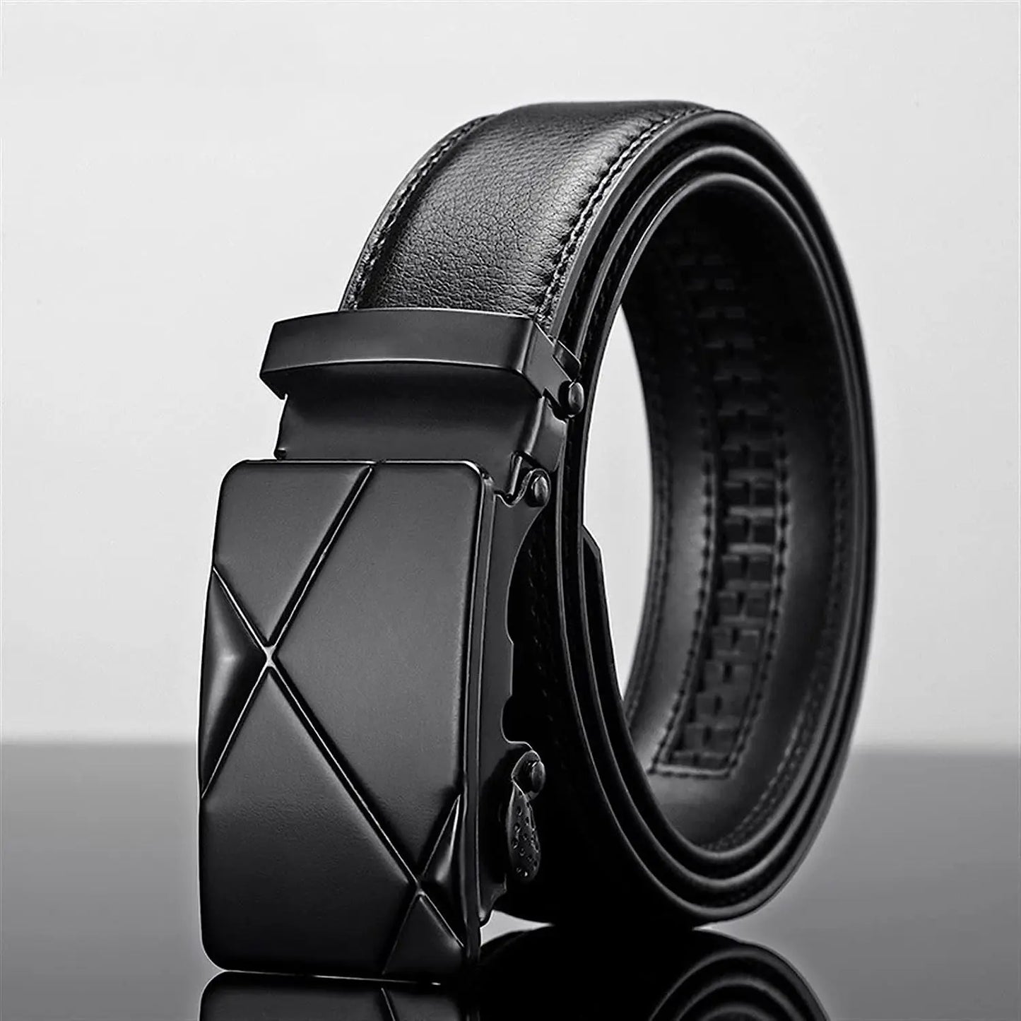Men leather belt with metal automatic buckle from Ansoff, black PU strap, high-quality luxury belt for work and business.