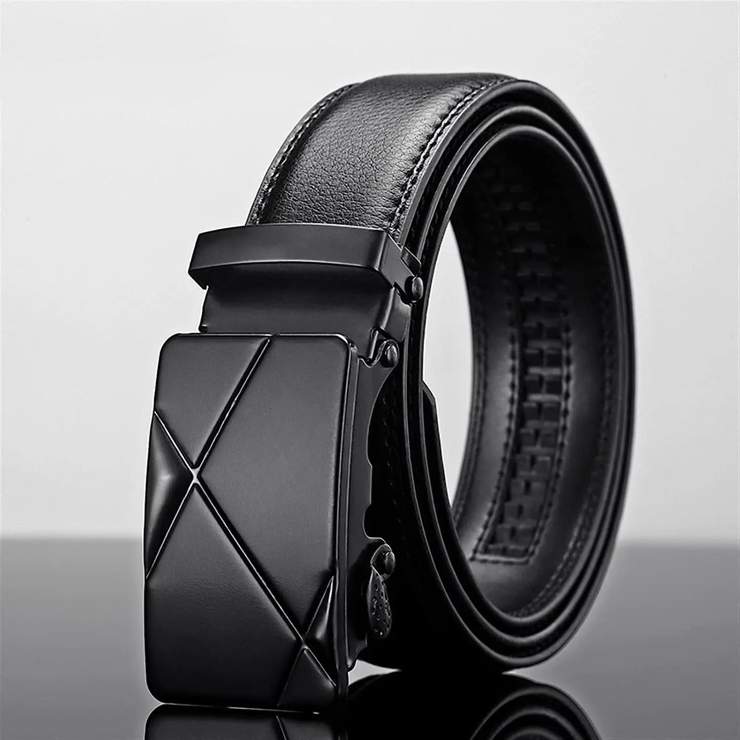 Men leather belt with metal automatic buckle from Ansoff, black PU strap, high-quality luxury belt for work and business.
