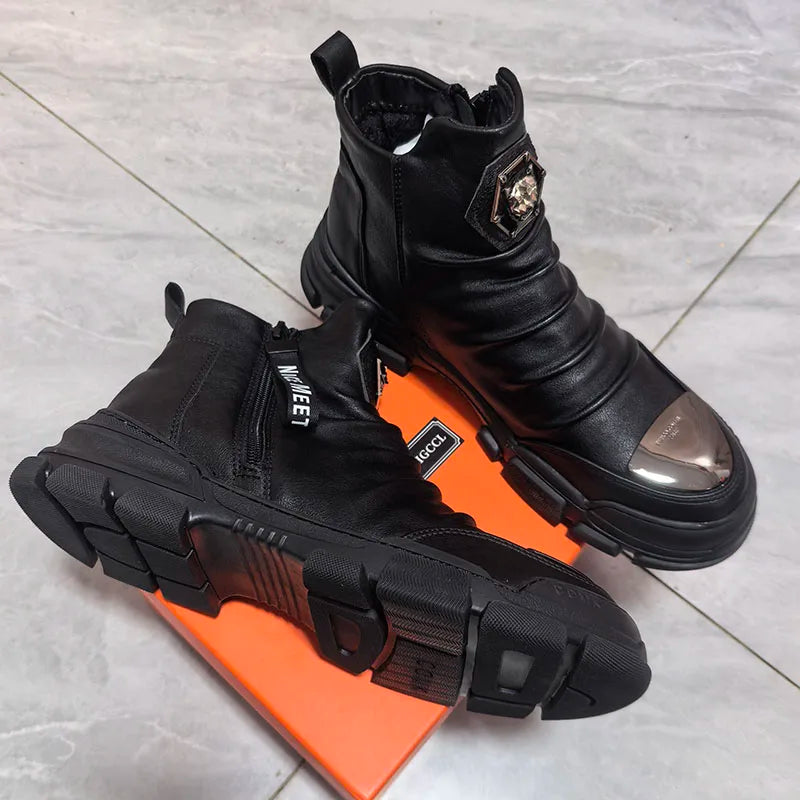 Black men's winter snow boots by Ansoff featuring high cotton lining, leather exterior, casual ankle design, suitable for autumn and winter.