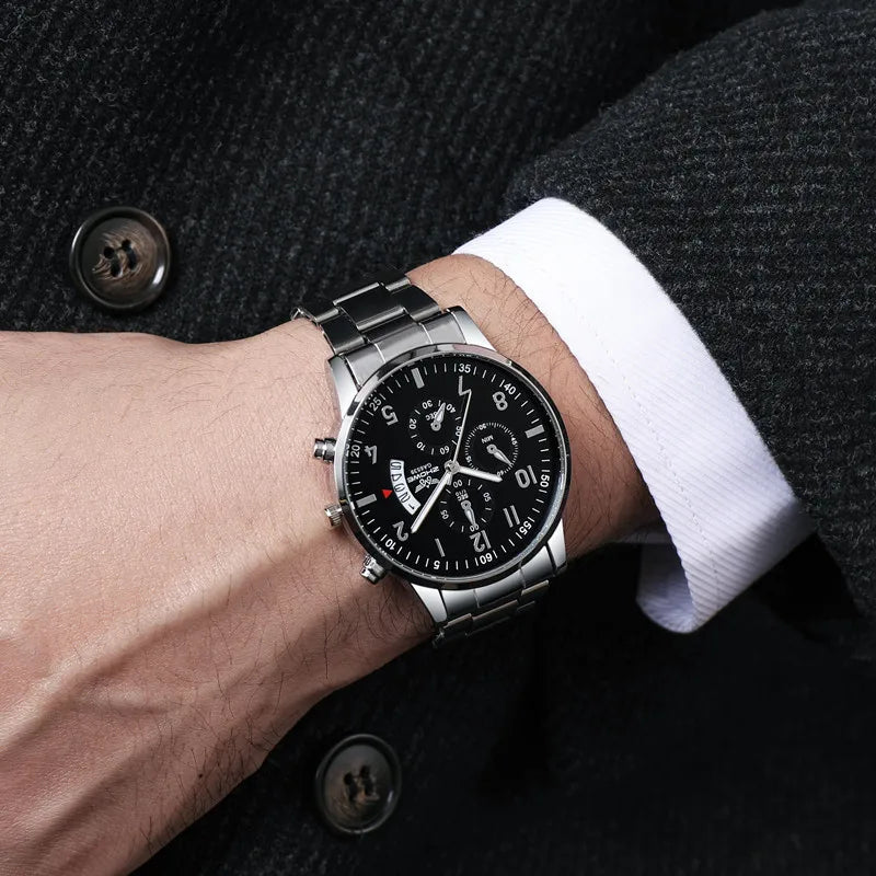 1PC Men's Luxury Watch Fashion Business Calendar Men's Steel Belt Watch Men's Christmas Valentine's Day Gift - Acros