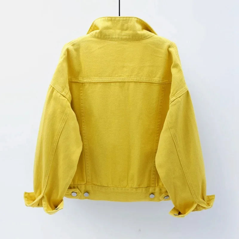 Ansoff classic denim jacket for women, oversized and loose fit, in purple, white, and yellow, casual boyfriend jean jacket for women.