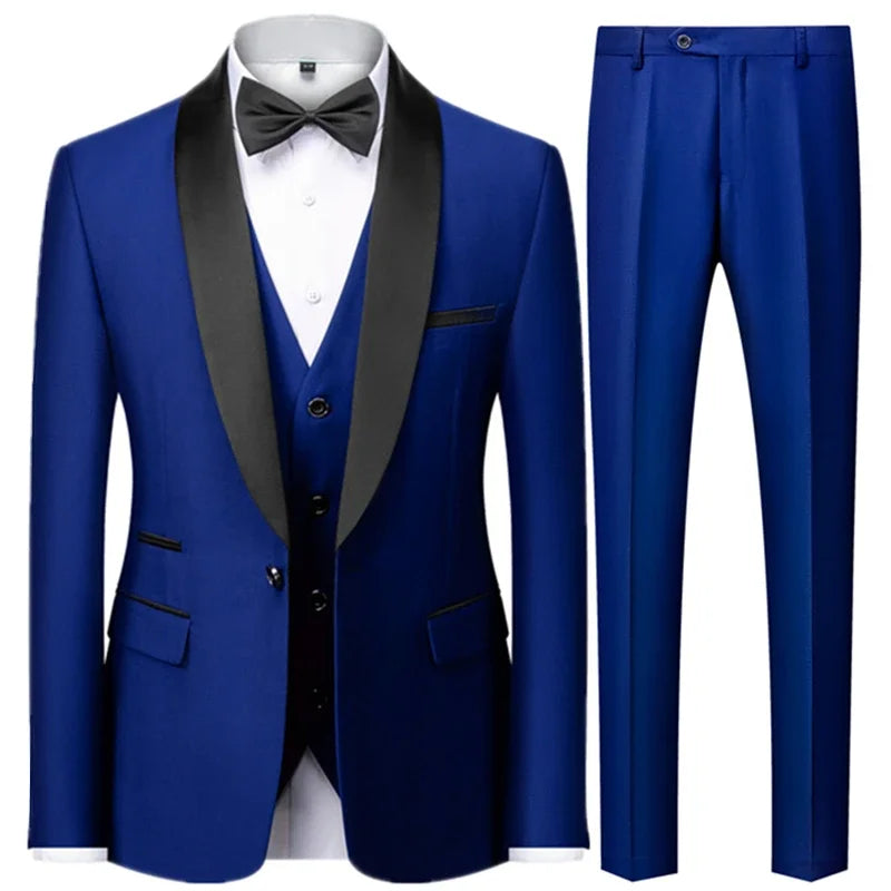 Ansoff black men's autumn wedding suit set including blazer, vest, and pants, slim fit, stylish large size formal attire.