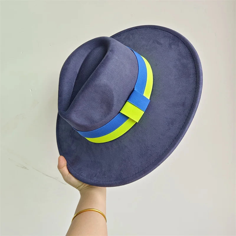 Colorblock ribbon suede hat by Ansoff featuring a wide brim, retro British style, suitable for autumn and winter women and men.