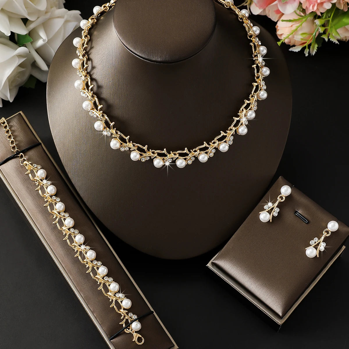 4PC Women's Fashion Pearl Necklace Earrings Bracelet Jewelry Set Suitable for Wedding, Party, Festival Gifts-9248