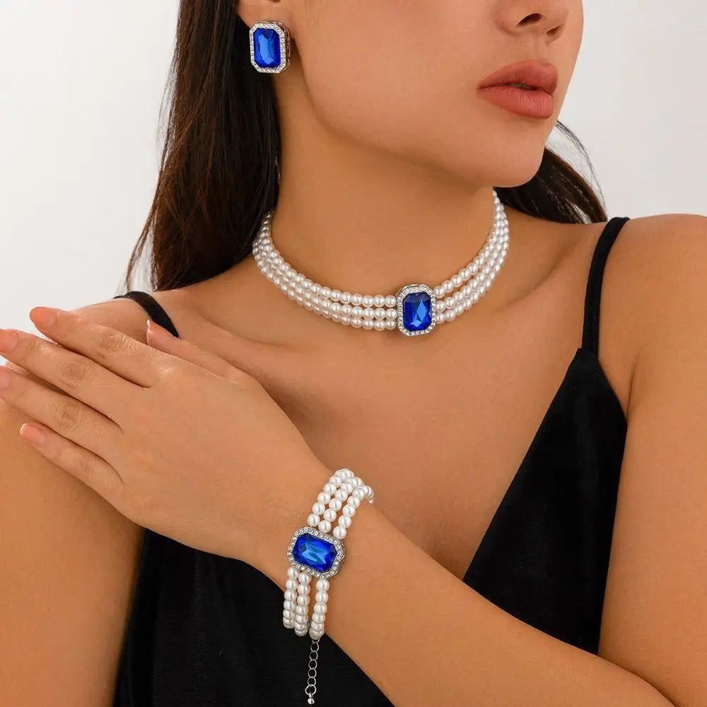 Rhinestones Pearl Jewelry Sets Multi-layer Bead Necklace Bracelet Earring Set Luxury Imitation Gem Bridal Jewelry Sets Party