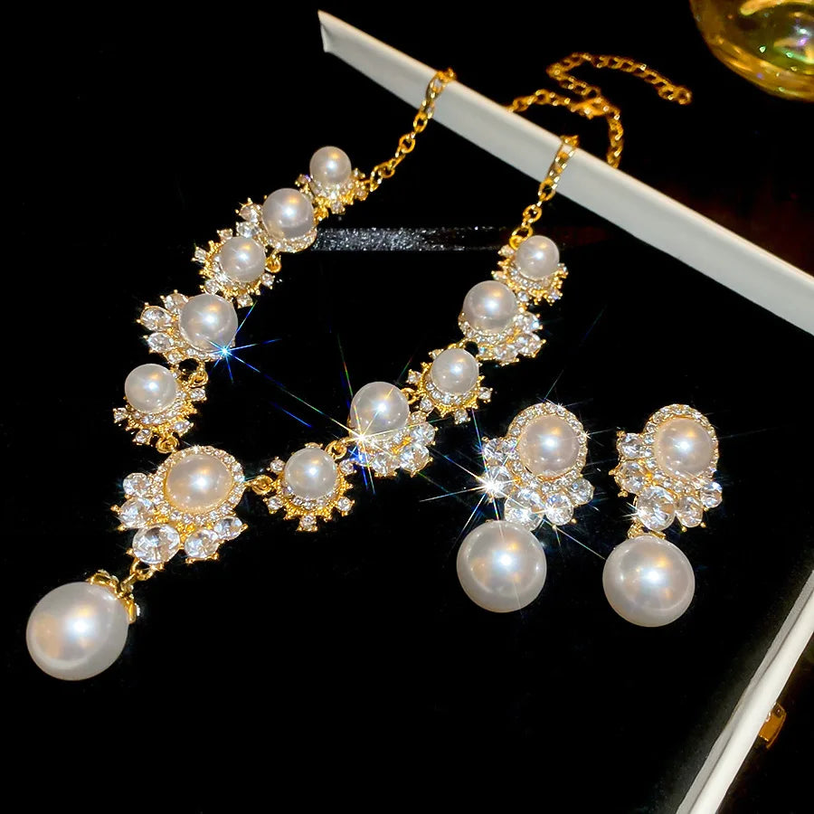 Imitation Pearl Pendant Earrings French Inlaid Shiny Rhinestones Pendnat Necklaces Elegant Woman for Wedding Party Jewelry Set K