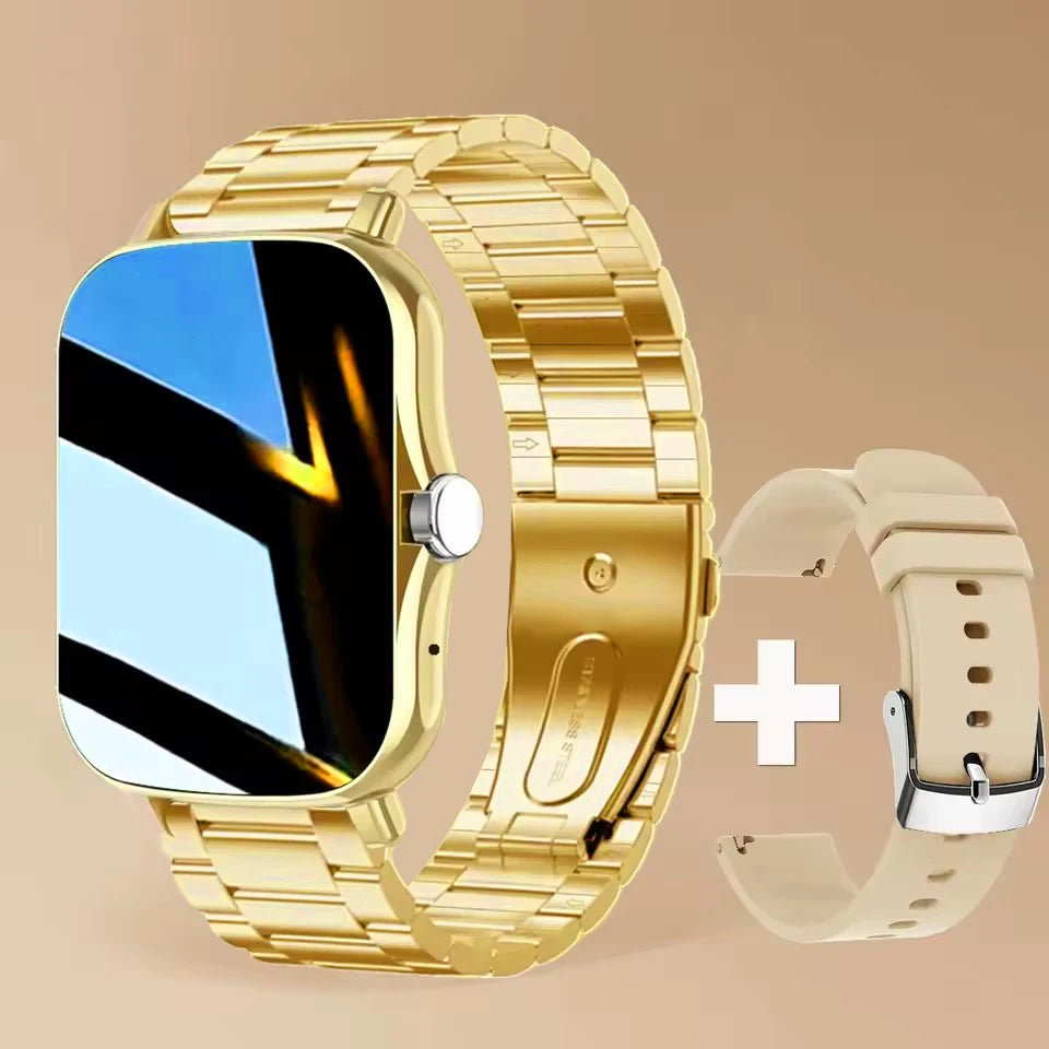 Ansoff Smart Watch with 2.01-inch HD display, showing call, message preview, weather, and sport modes on a sleek design.
