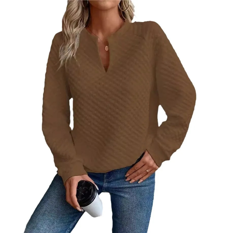 Women Sweatshirt 2025 Spring Autumn Latest Fashion Solid Color Deep V-Neck Pullover Long Sleeved Casual Hoodie Loose Sporty Top - Acros