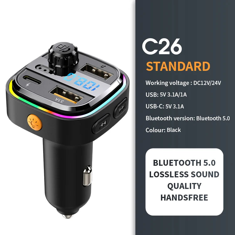 Ansoff Bluetooth 5.0 FM transmitter and handsfree car radio modulator with USB quick charge adapter and MP3 player in a car setting.