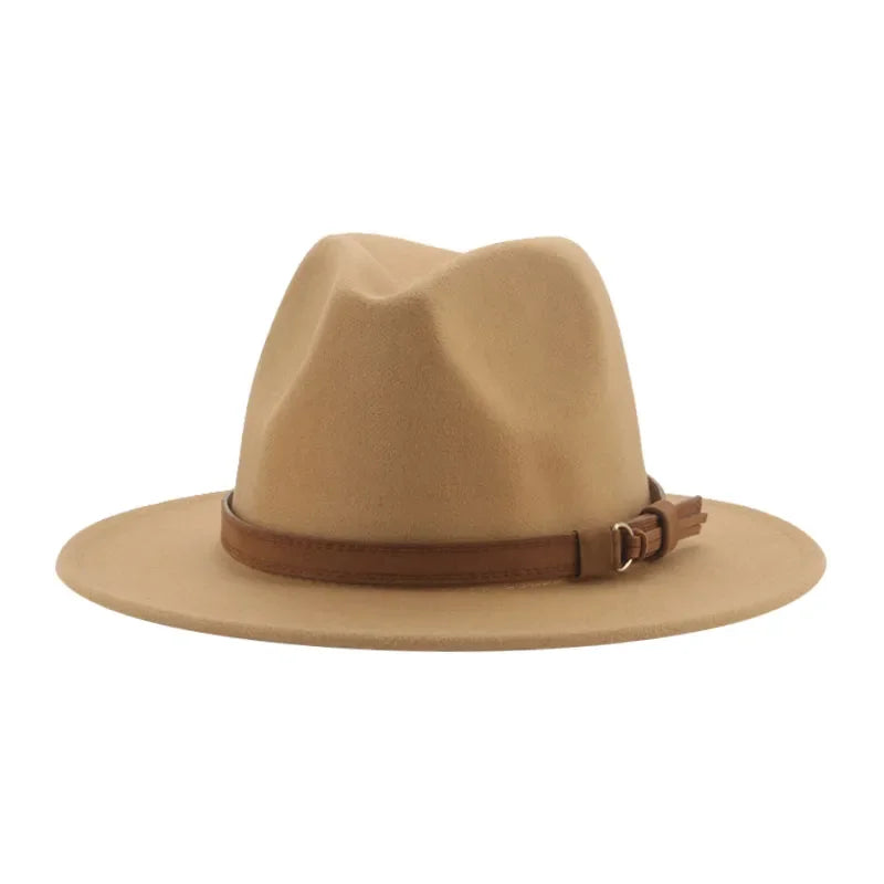 Ansoff fedora hat with wide brim, solid color, band detail, suitable for women and men, perfect for formal winter or summer wear.