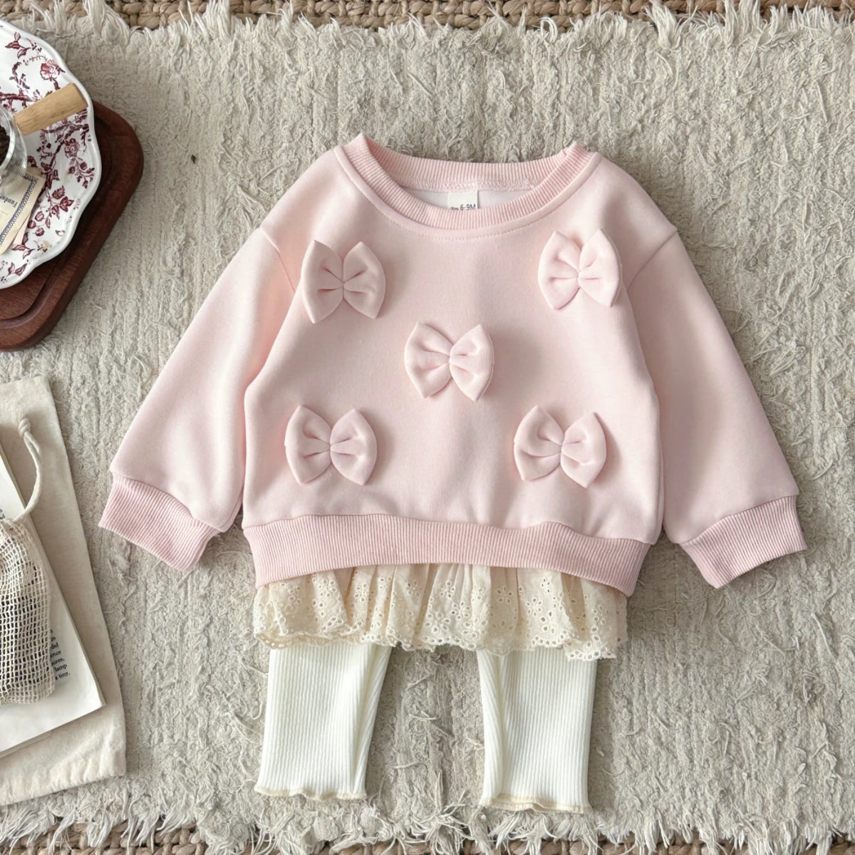 Cotton Baby Girl Clothing Bow Decoration Lace Hem Sweatshirt Elastic Waistband Pants Clothes Fall Outfits Baby Clothes for Newbo