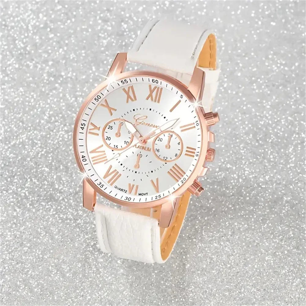 5PCS Women's Watches Fashion Roma Dial Leather Band Quartz Watch (Without Box) - Acros
