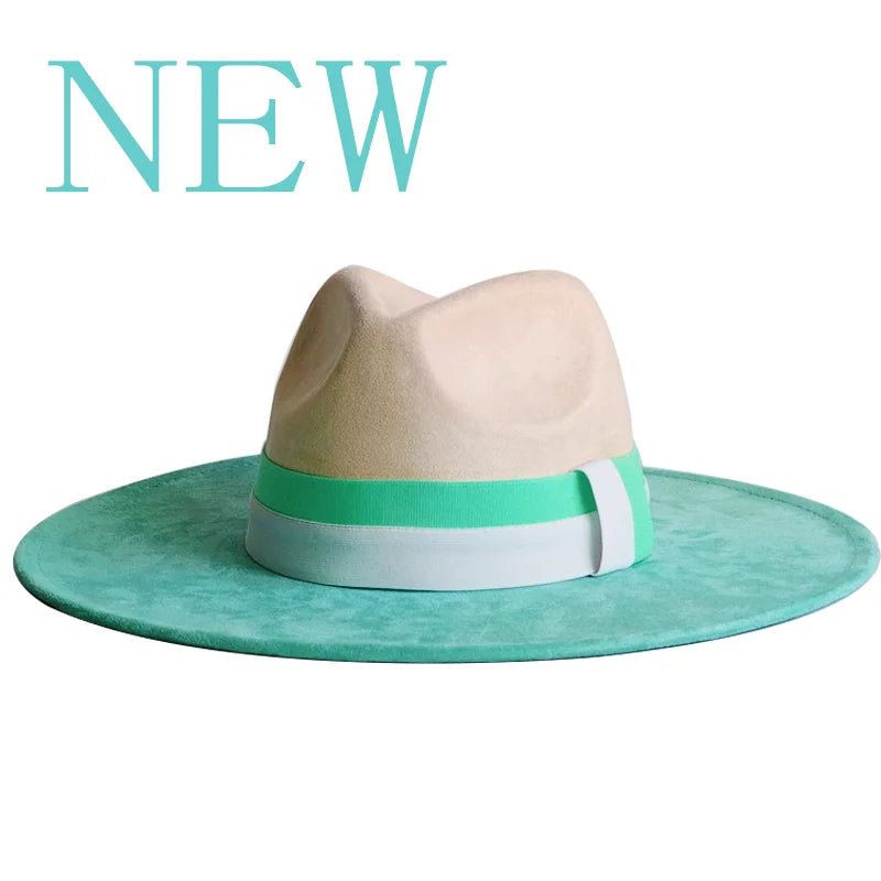 Colorblock ribbon suede felt hat by Ansoff, wide brim, retro British style for women and men, perfect for autumn and winter.