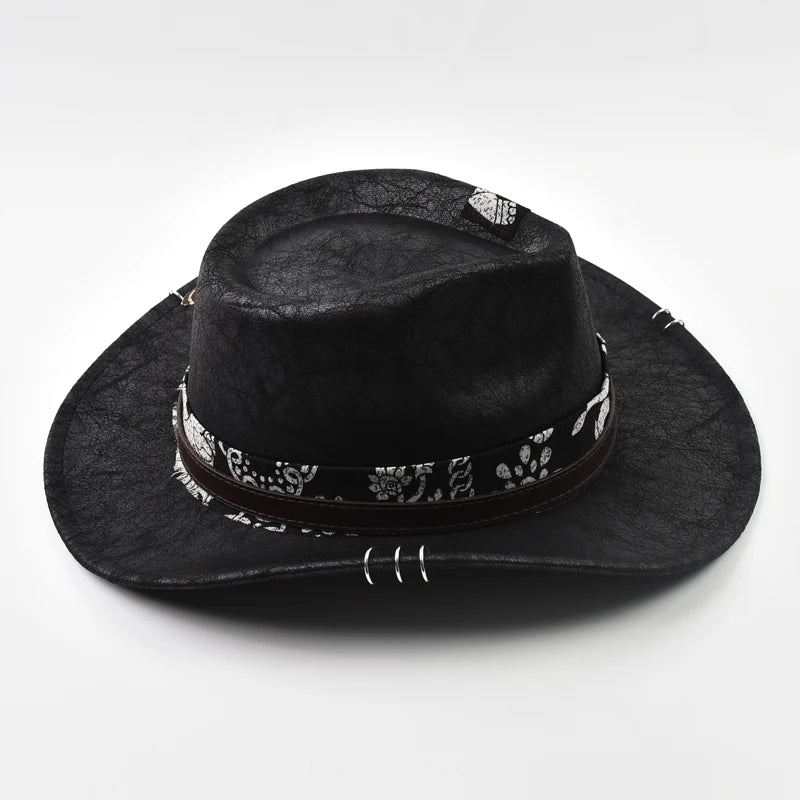 Vintage Faux Leather Western Cowboy Hat For Men Handmade Gentleman Jazz Hats Panama Cowgirl Hat Sombrero Hombre