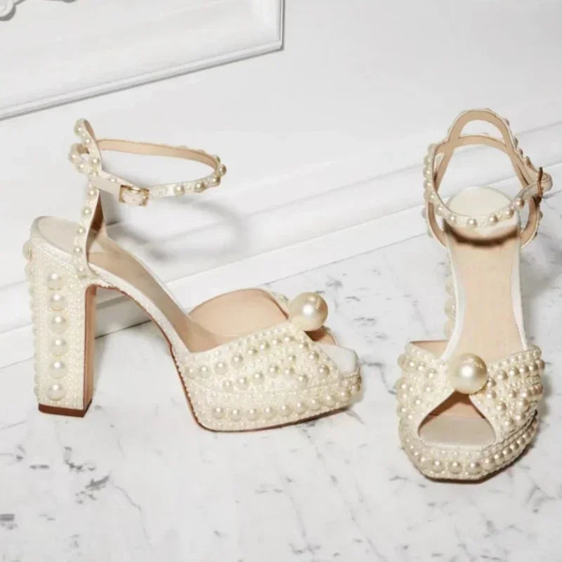 Shoes for Women Beaded Thick Heel Fish Mouth Sandals 35-41 High Heel Waterproof Platform Women's Shoes Wedding - Acros