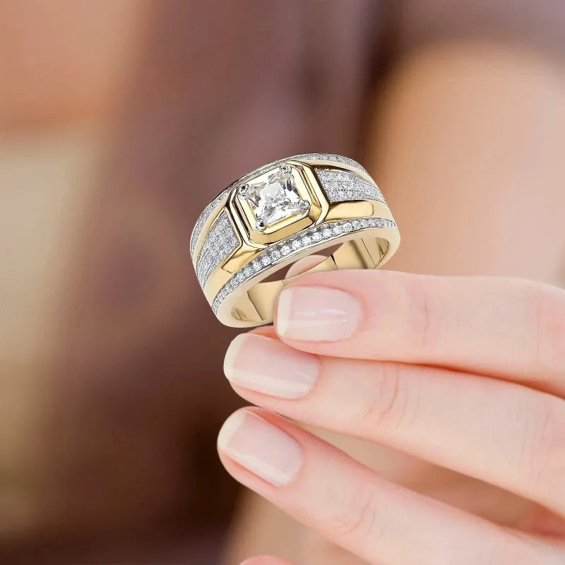New Yellow Gold Rectangular Diamond Luxury Large Ring Male Ring Stamp with Diamond Party Popular Men's Business Birthday Gift