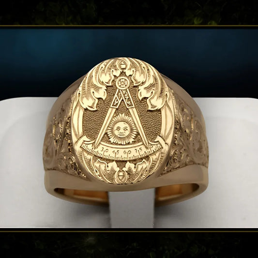 Fashion Carving Sun Pattern Mason Retro Ring for Men 18K Gold Plated Carving Seal Rings Punk Party Handmade Jewelry