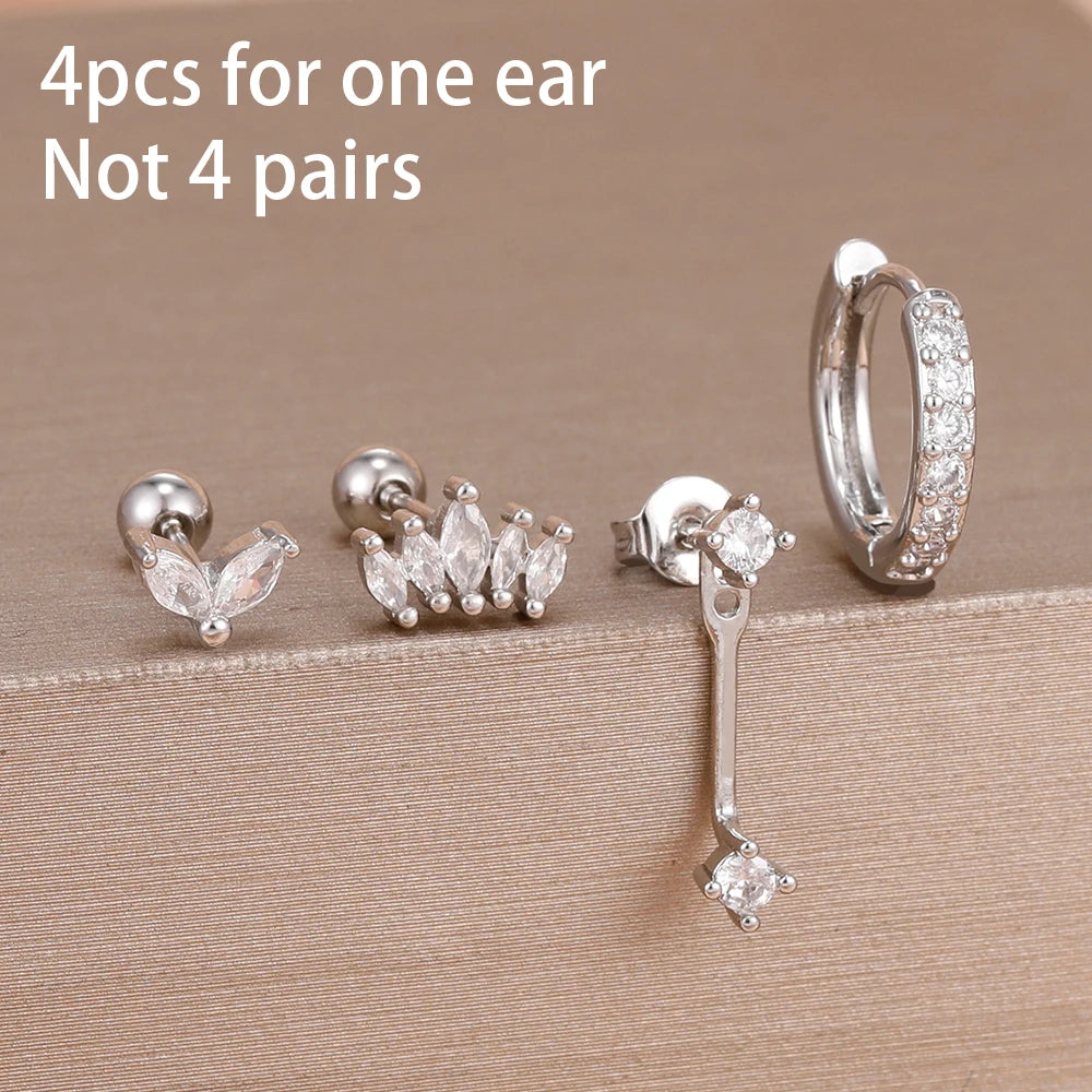 4PCS Stainless Steel Circle Huggie Hoop Earrings Set for Women Gold Color Unique Zircon Flower Stud Earring Piercing Jewelry