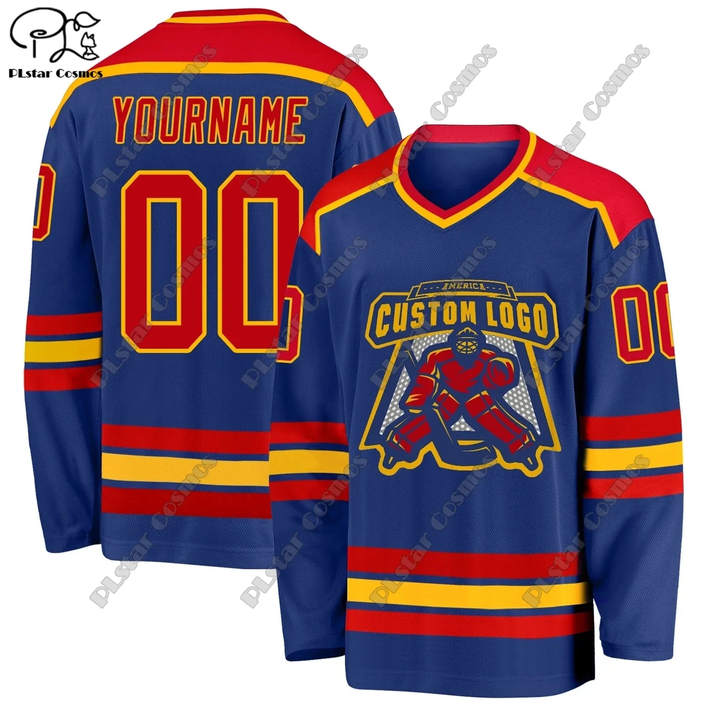 Colorful personalized hockey jersey with V-neck, long sleeves, 3D printed design, casual sweatshirt style by Ansoff
