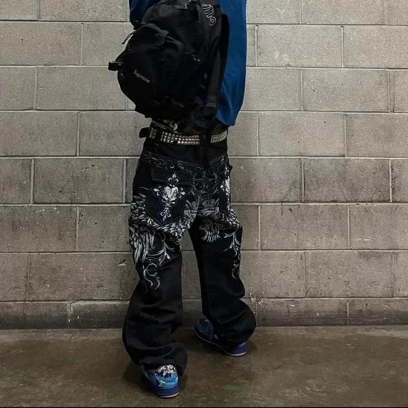 Ansoff men's wide-leg jeans with embroidered design, mid-waist fit, Y2K gothic style, perfect for retro hip-hop fashion.