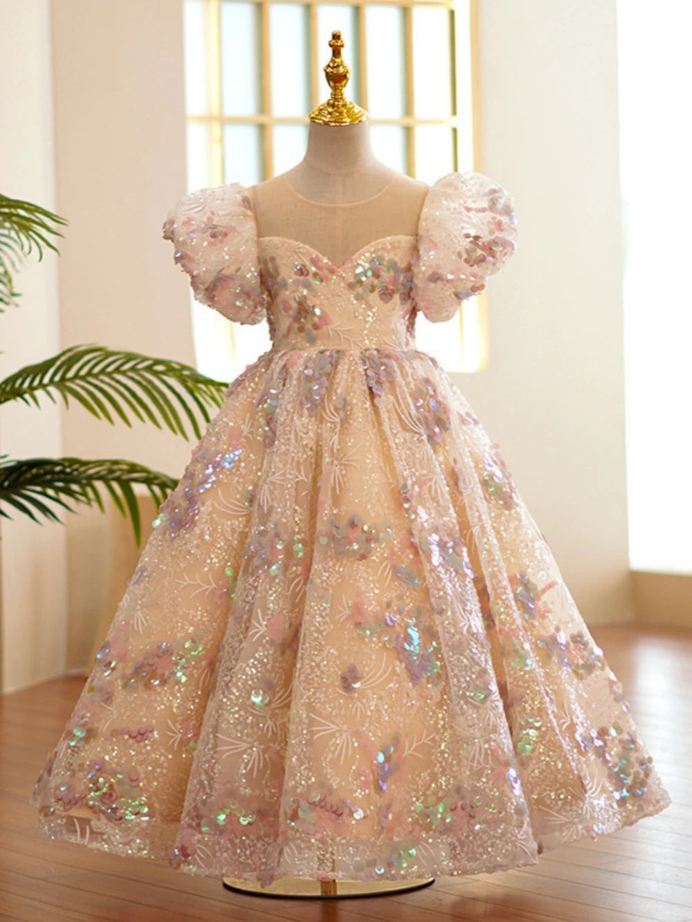 Ansoff sequined flower girl dress with puff sleeves, O-neck, princess style, suitable for weddings, birthdays, or piano performances.