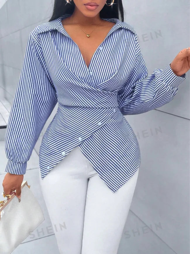 Ansoff women's spring summer striped printed casual long-sleeved blouse with irregular cross design, loose fit, and fashion-forward style.