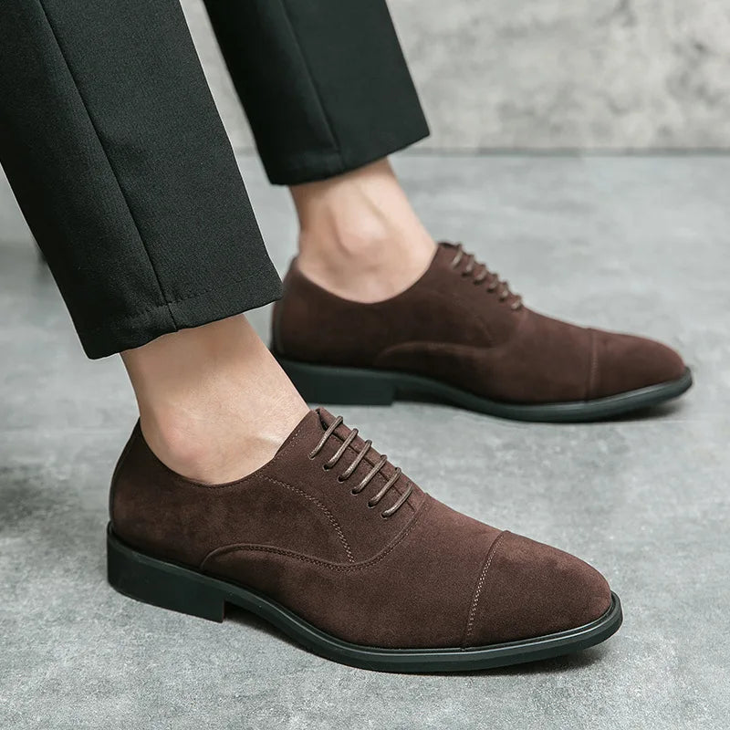 Men's suede leather dress shoes by Ansoff, handcrafted lace-up oxfords with pointed toes, ideal for formal office and wedding occasions.