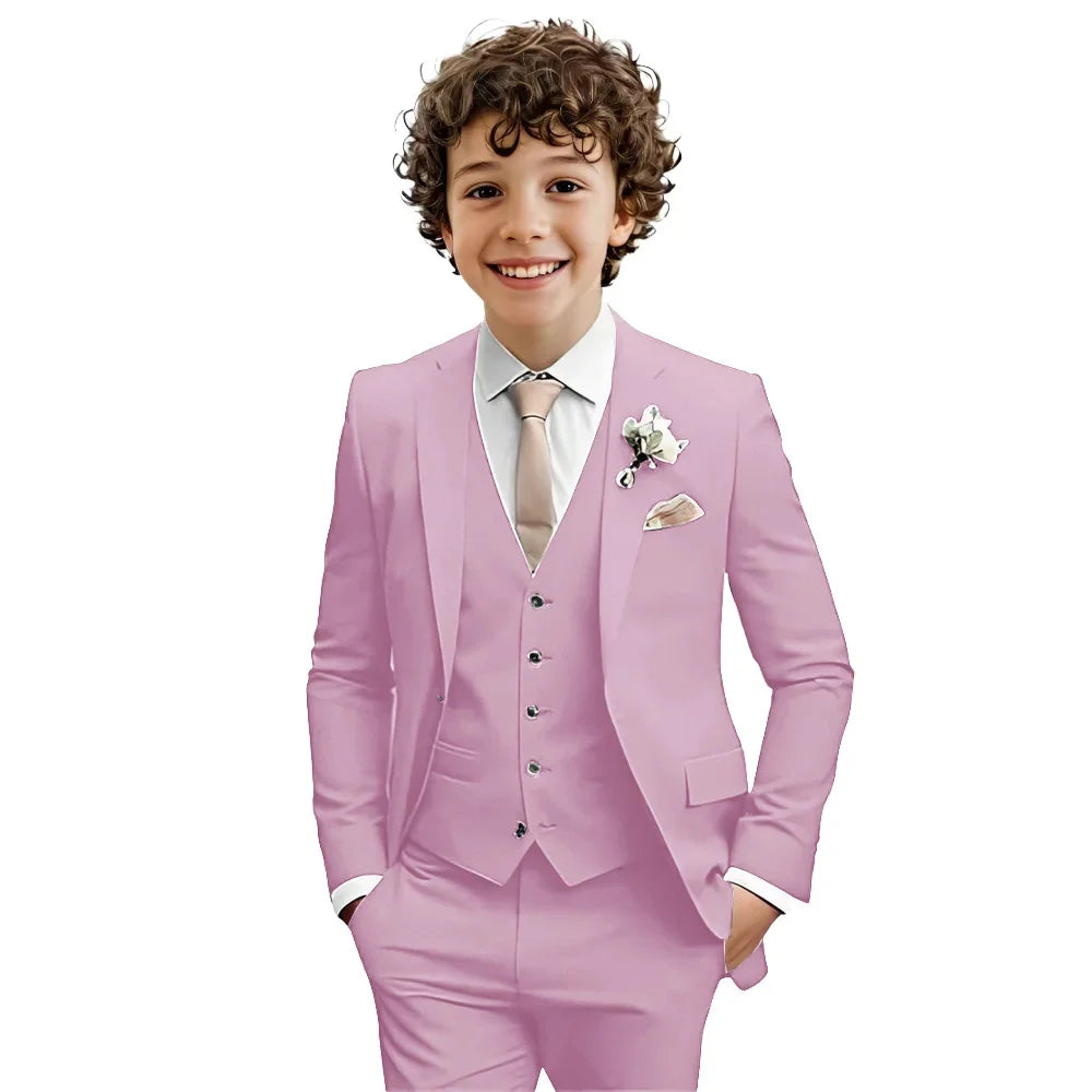 Multi-color boys' 3-piece formal suit set by Ansoff with notched lapel, slim fit tuxedo for wedding and party, ages 2-20T.
