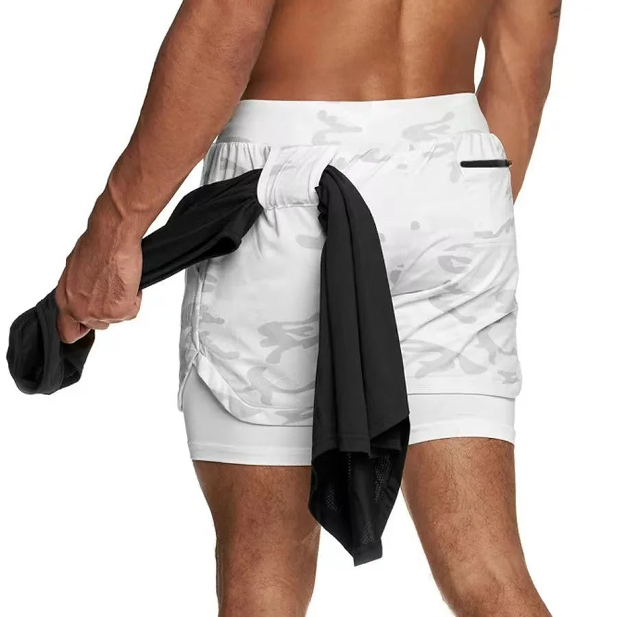 Men's camo running shorts by Ansoff, 2-in-1 gym sports shorts with quick-dry fabric, ideal for workout, jogging, and summer fitness.