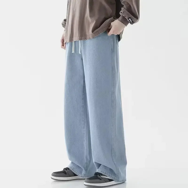 Ansoff men's loose streetwear jeans in black and light blue, featuring straight wide-leg design and Korean style fashion.