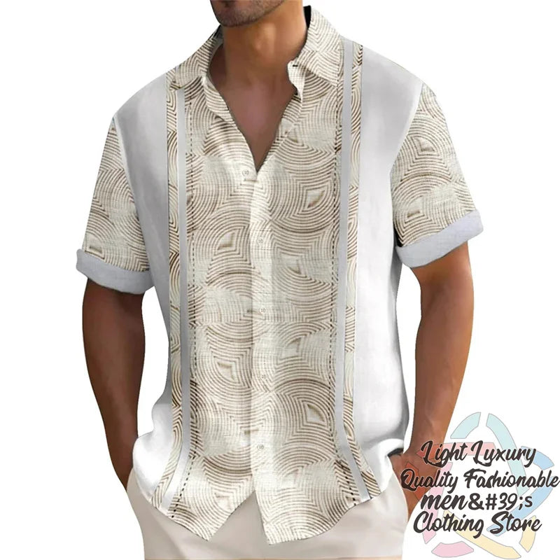 Men's summer striped linen shirt by Ansoff, casual short-sleeved Hawaiian style with a button front and oversized fit.