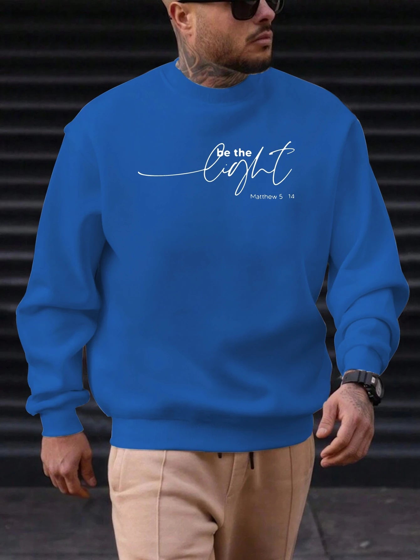 Men's Sweatshirt 2025 New Arrival Minimalist Cozy Relaxed Fit Elegant Calligraphy “Be the Light” Matthew 5:14 Quote Top - Acros