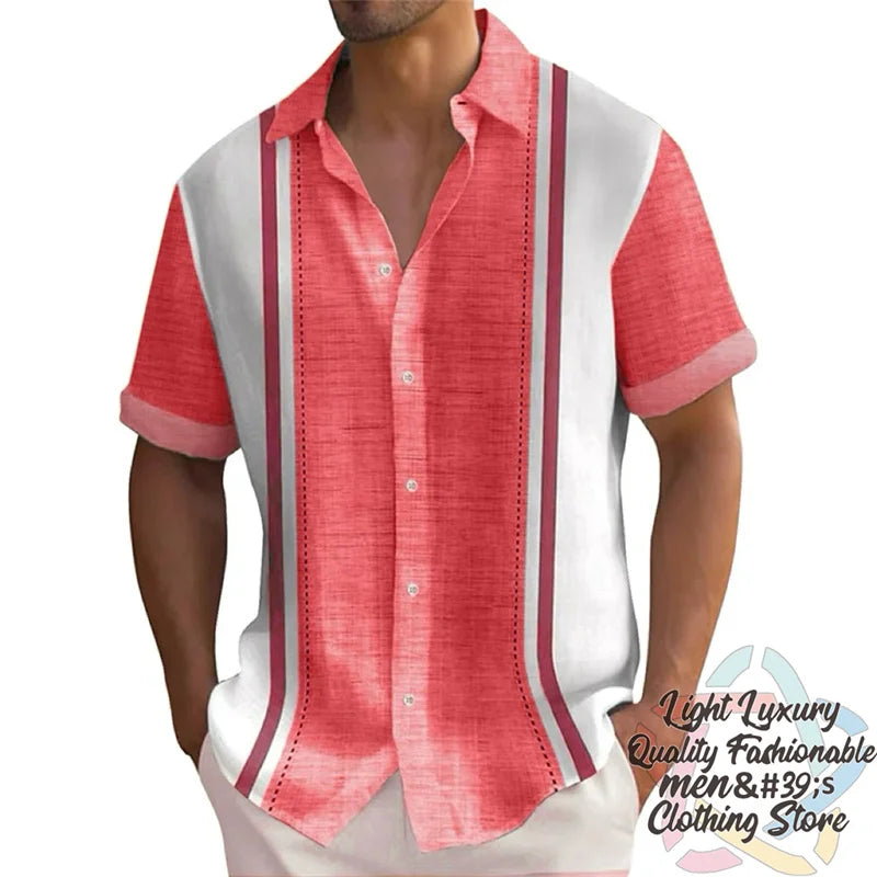 Men's summer striped linen print shirt by Ansoff, casual short-sleeved Hawaiian shirt with oversized fit and collar.