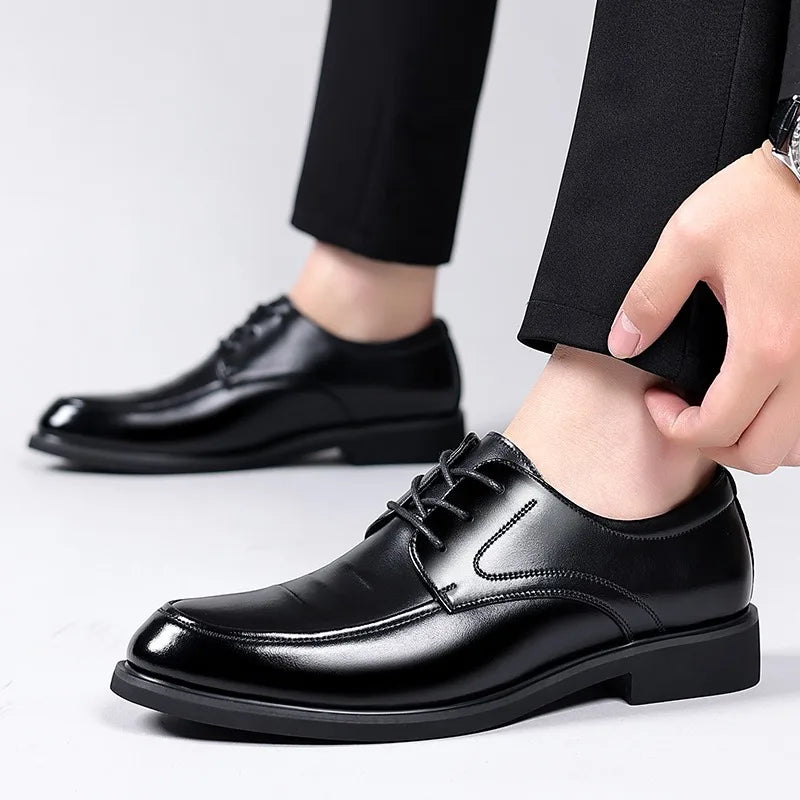 Men's Genuine Leather Shoes Summer Business Casual Wedding Low Top round Toe Rubber Outsole Anti-Slip Lace-Up Boots
