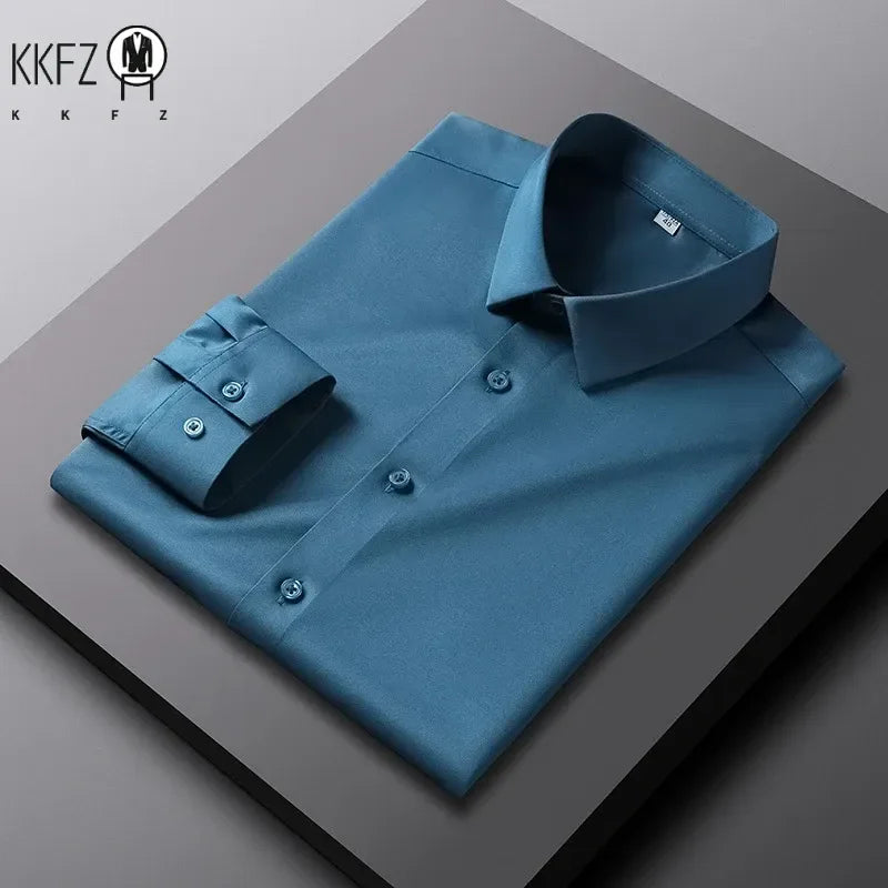 Men's Ansoff long sleeve solid color shirt, non-iron, wrinkle-resistant casual and business top, displayed on a hanger.