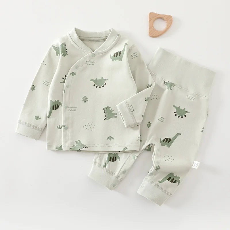 Baby Clothes 2Pcs Infant Spring Cotton Pajama Set V-Neck Long Sleeve High Waisted Belly Warming Printed Infant Clothing