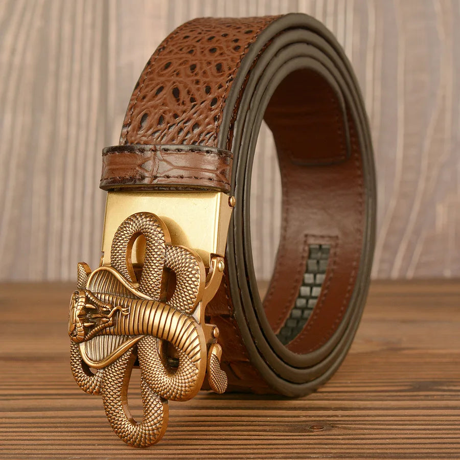 Black genuine leather men's belt with automatic buckle, 3.8cm wide, carved cow leather strap, suitable for jeans and casual wear.