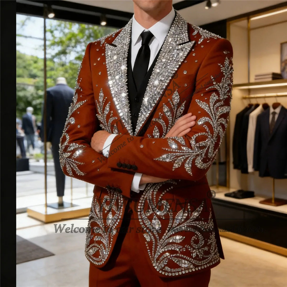 Ansoff luxury beaded crystal men's suit set with slim blazer and tuxedo pants, featuring sequin details for wedding or party attire.