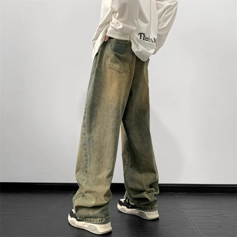 Men's wide leg denim jeans by Ansoff, loose straight fit, vintage blue streetwear pants for autumn 2025.