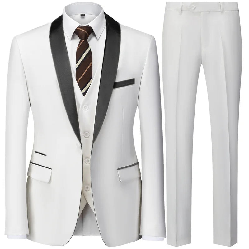 Black men's autumn wedding suit with blazer, vest, and pants, slim fit three-piece set from Ansoff, suitable for formal occasions.