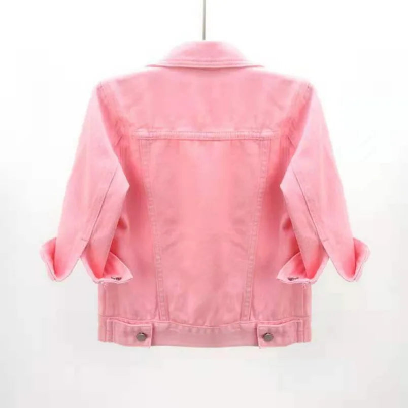 Pink denim jacket for women by Ansoff, casual short coat with purple and yellow accents, suitable for spring and autumn.