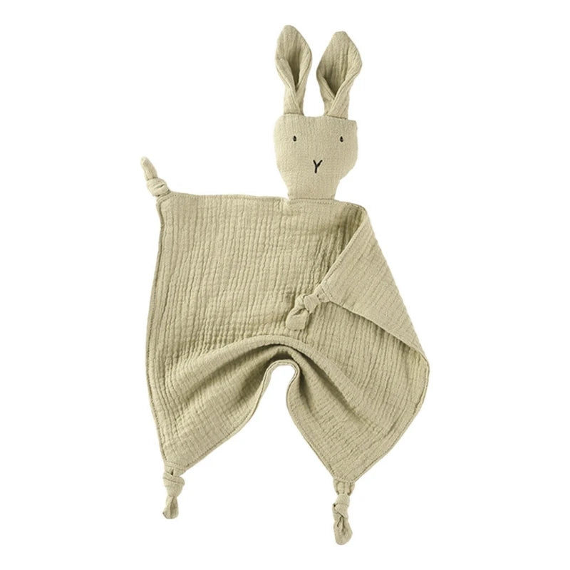 Soft gauze baby soothe blanket with rabbit design, featuring bib, teether, burp cloth, and cuddle towel for comfort and sleeping.