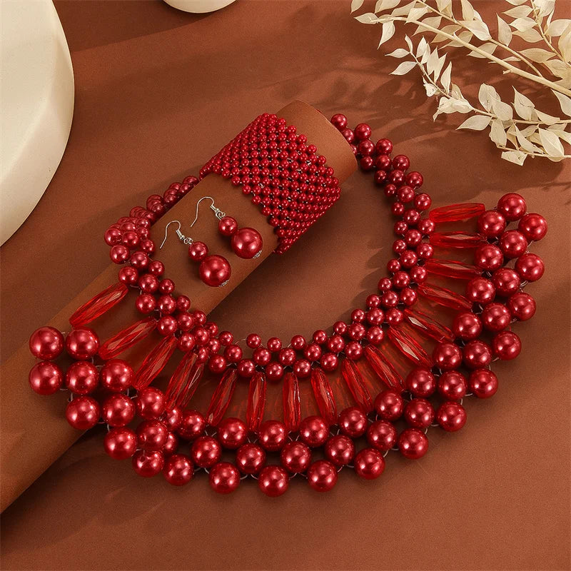 3pcs/set Multi Layer Imitation Pearl Jewelry Set Party Colorful Necklace Earrings Bracelet Set For Women African Jewelry Gifts