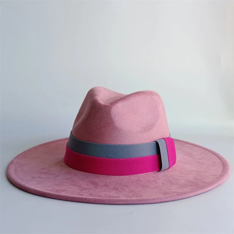 Colorblock ribbon suede felt hat by Ansoff, featuring a wide brim, retro British style for women and men in autumn and winter.