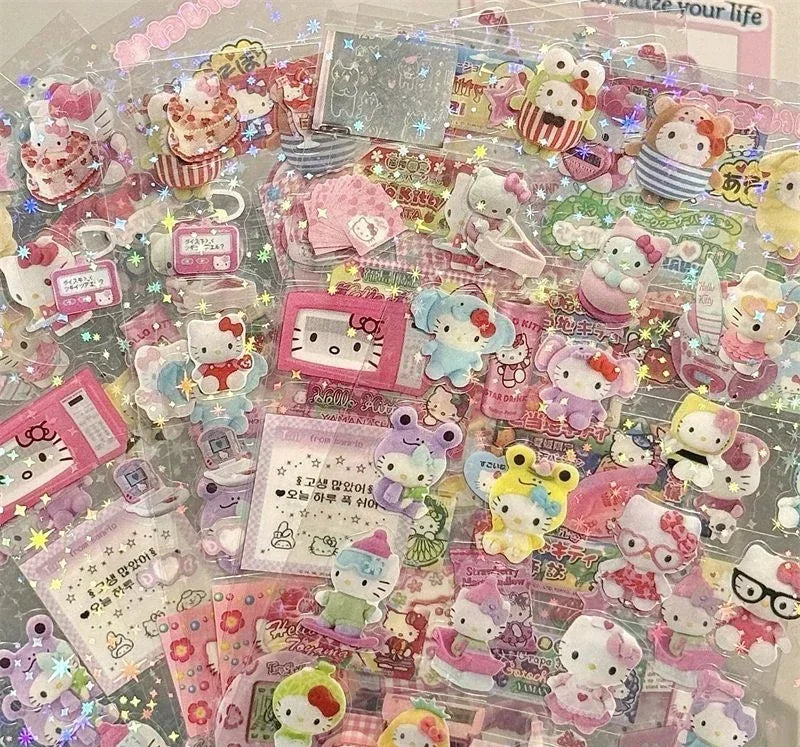 Set of 5 cute Hello Kitty and Rilakkuma cartoon die-cutting stickers with flashing laser effects, ideal for notebooks and crafts.