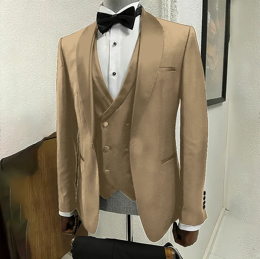 Black men's 3-piece tuxedo with shawl lapel, one-button jacket, slim fit for wedding, groom, or formal dinner by Ansoff