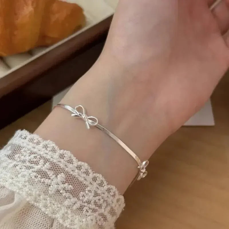 LATS Fashion Sweet Bow Bracelets for Women Girls Sparkling Delicate Ribbon Bowknot Snake Bones Chain Bracelet Party Jewelry Gift - Acros