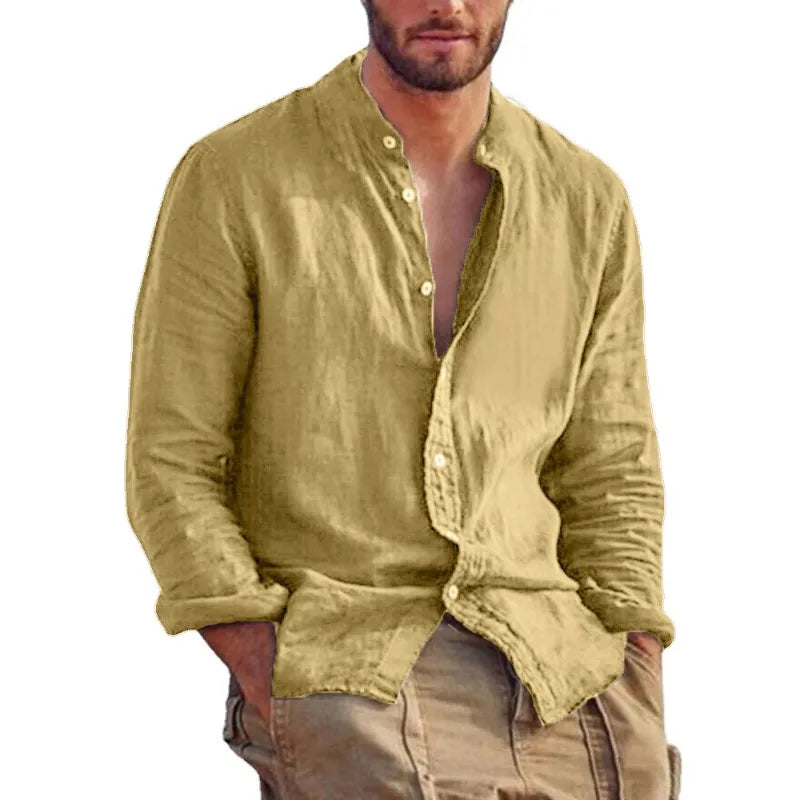 Sweatwear Men's Long Sleeve Shirt Linen Solid Color Shirts Trend Stand Collar Casual Lightweight Breathable Tops Hawaiian Shirt - Acros