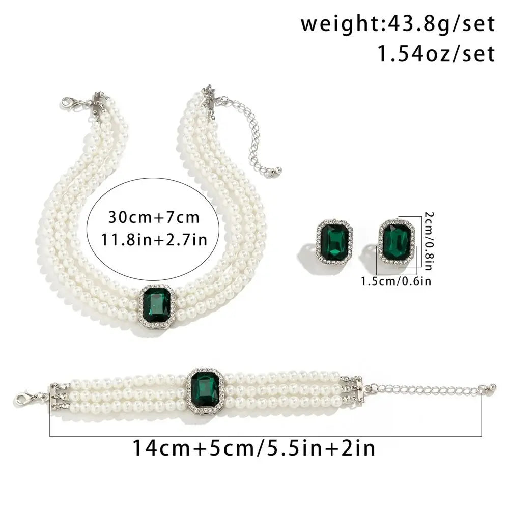 Rhinestones Pearl Jewelry Sets Multi-layer Bead Necklace Bracelet Earring Set Luxury Imitation Gem Bridal Jewelry Sets Party