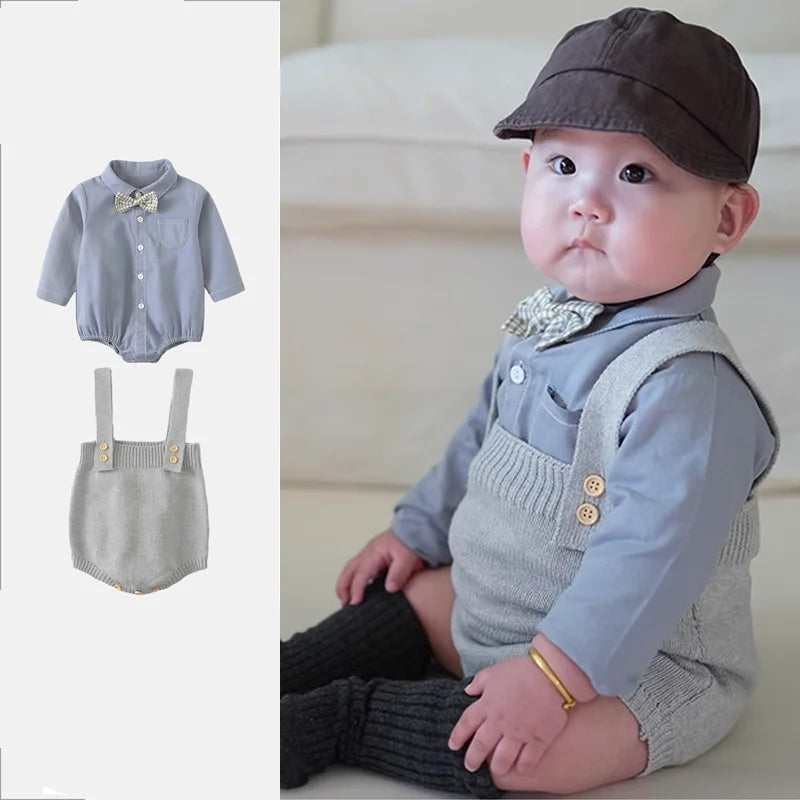 Newborn Baby Romper + Knitting Overalls + Hat + Socks 4pcs Clothing Set Spring Autumn Boy Infant Toddler Jumpsuit Clothes